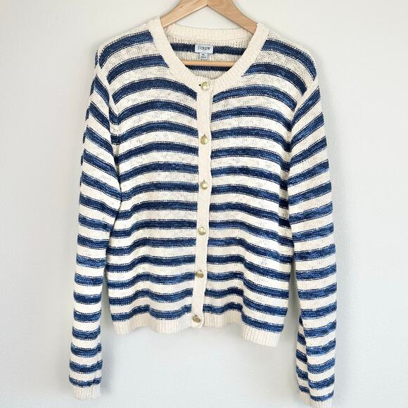 J. Crew Striped slub cardigan sweater XL EUC Nautical Preppy Coastal - Picture 2 of 6